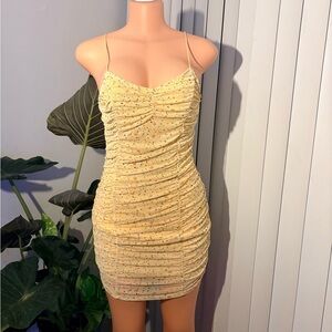 Yellow Ruched Spaghetti Strap Dress